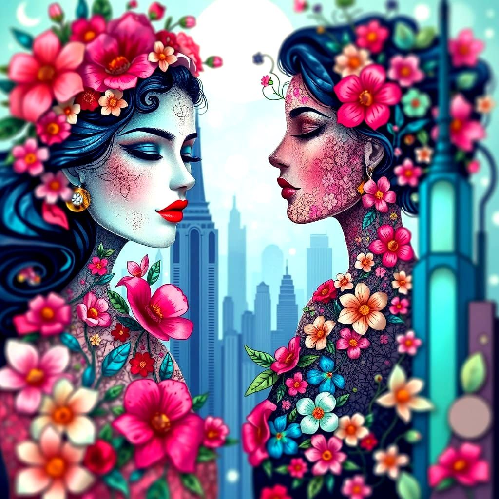 Ethereal Women Entwined with Florals in Art Nouveau Style