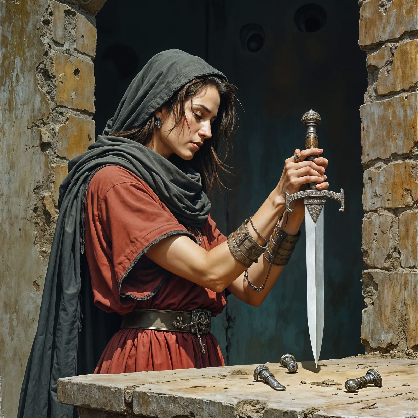 Female Thief Examines Dagger in Weaponsmith Shop