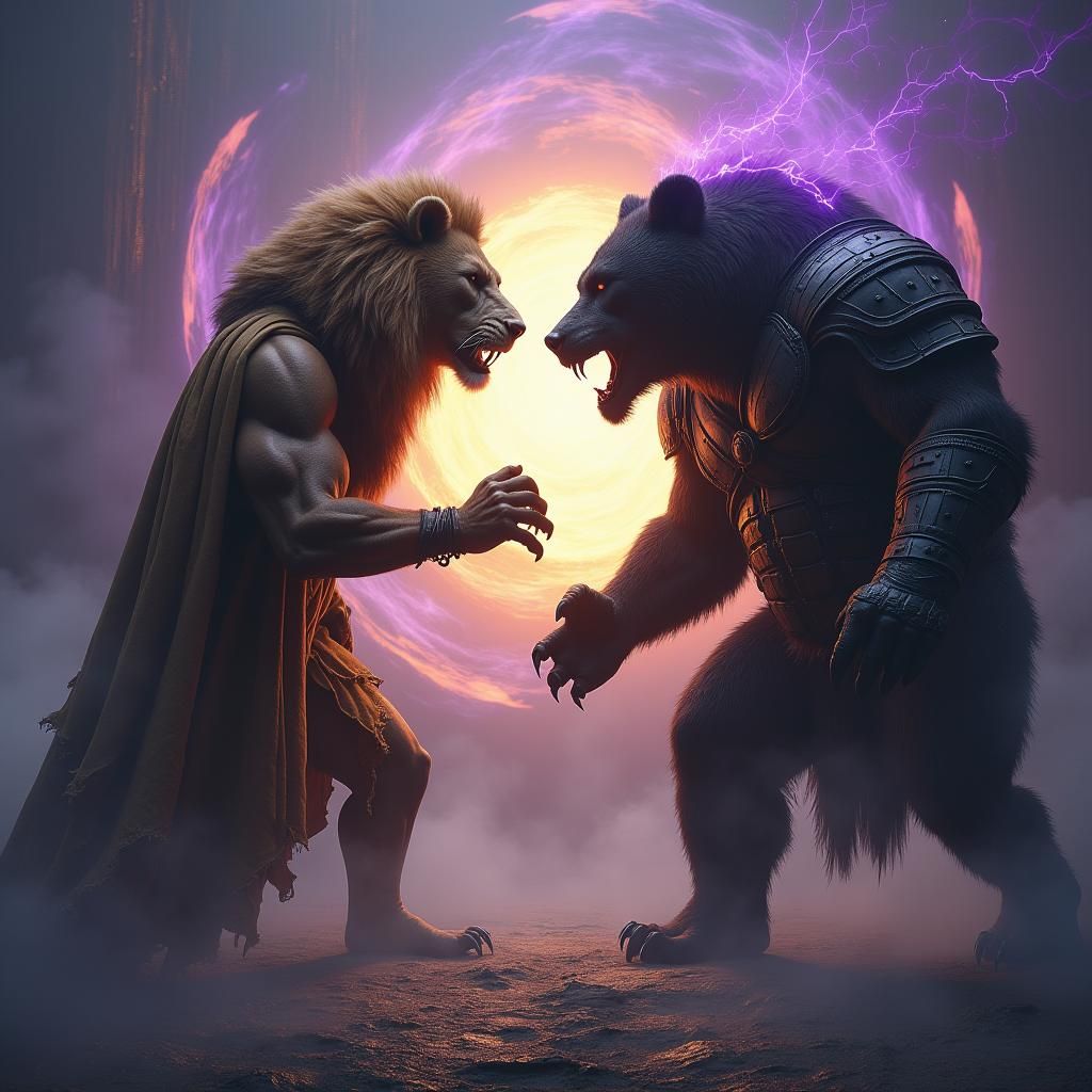 Lion vs Bear Hybrid in Dark Fantasy Arena