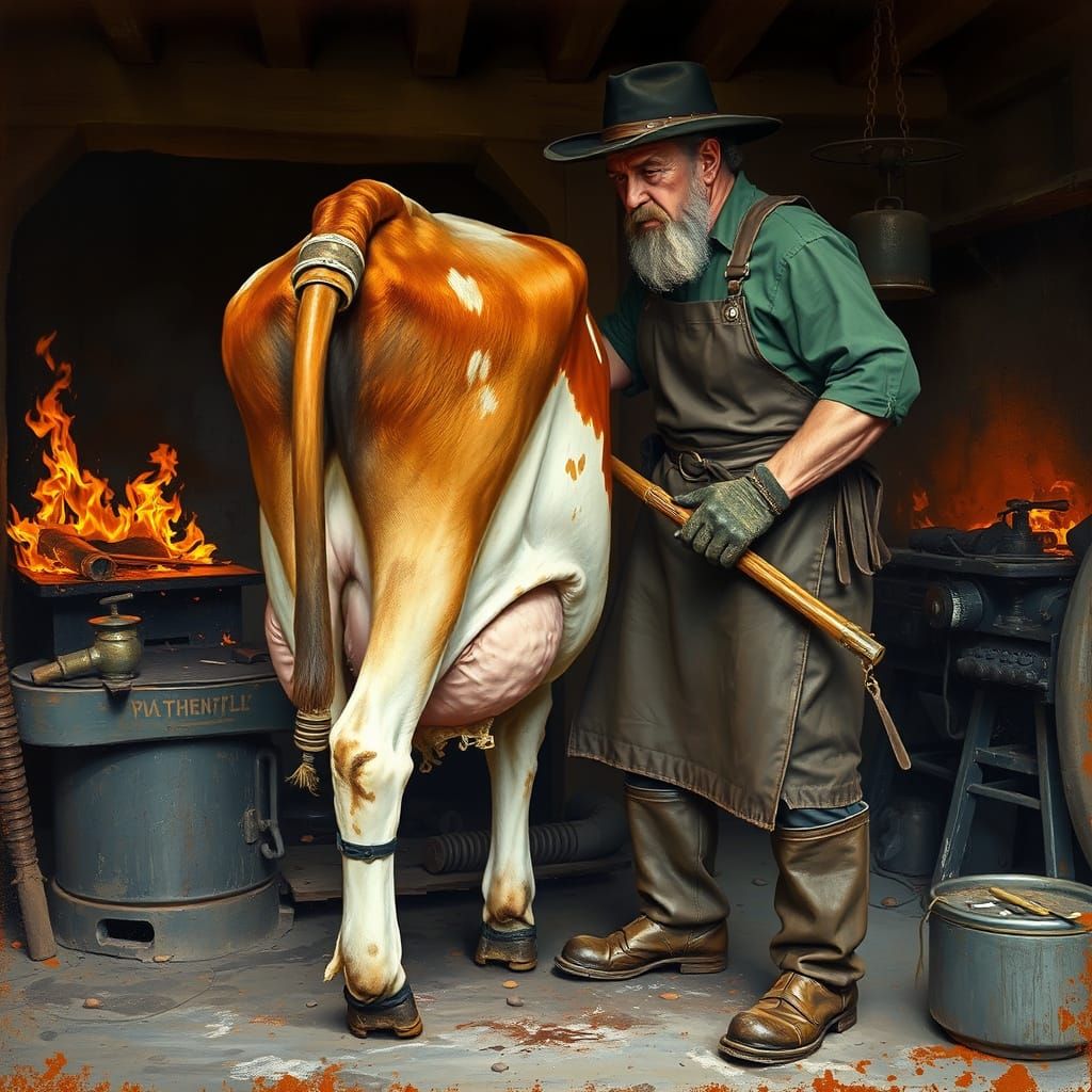 Blacksmith Shoeing Ox in Rustic, Earthy Style