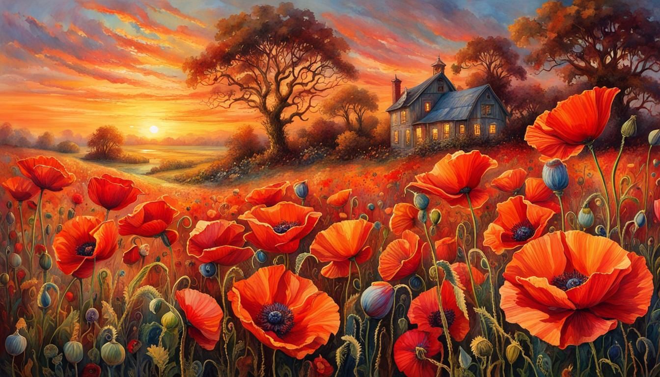 Poppy Field at Sunrise: Watercolor and Ink Art