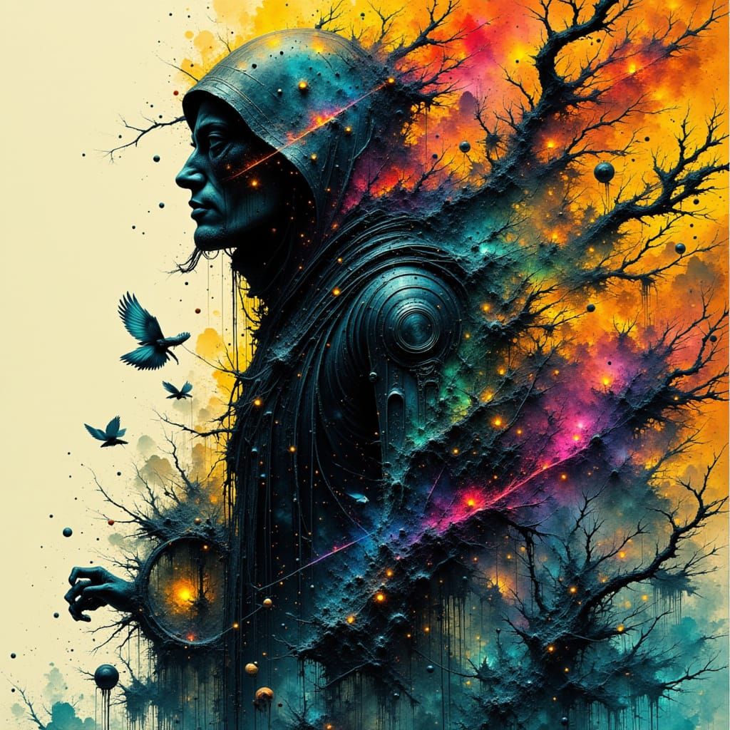 Surreal Figure with Plasma Cloak in Comic Style