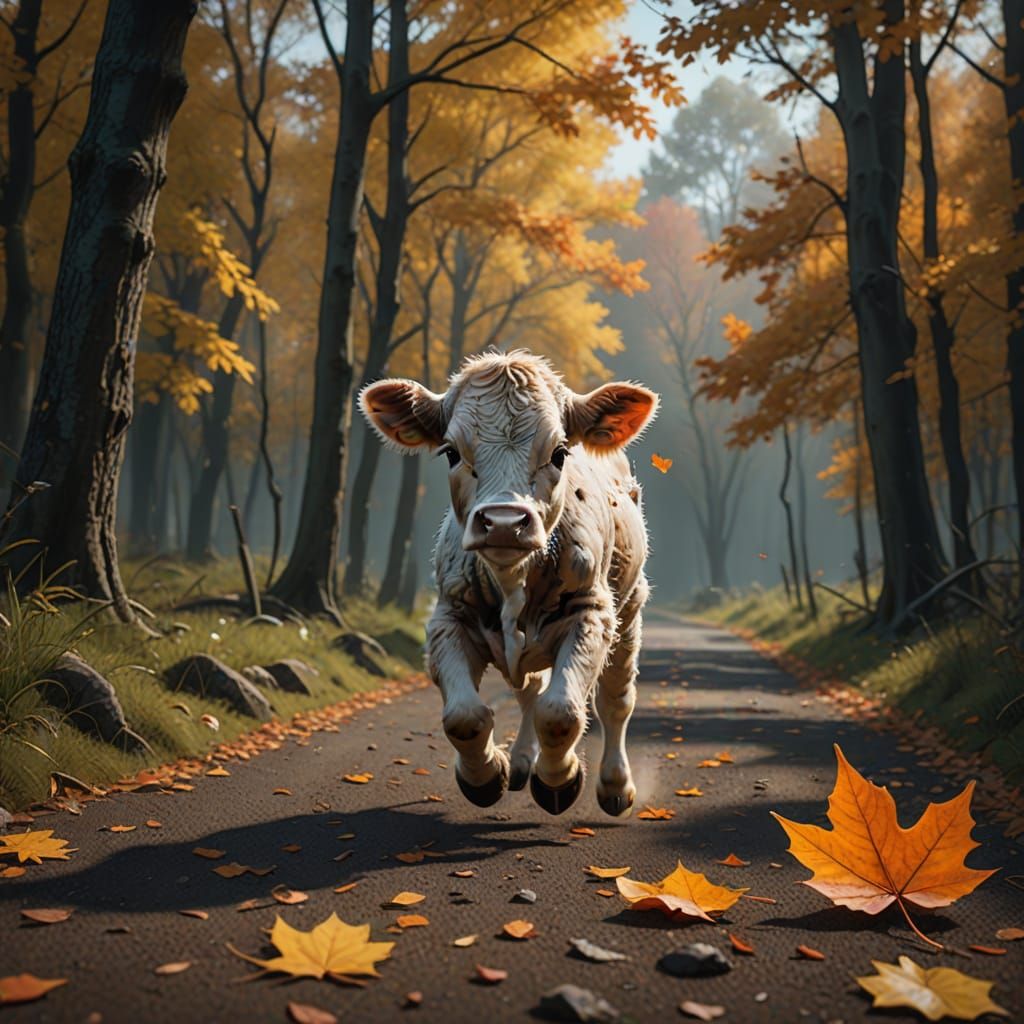 Hyperrealistic Calf Chasing Autumn Leaf