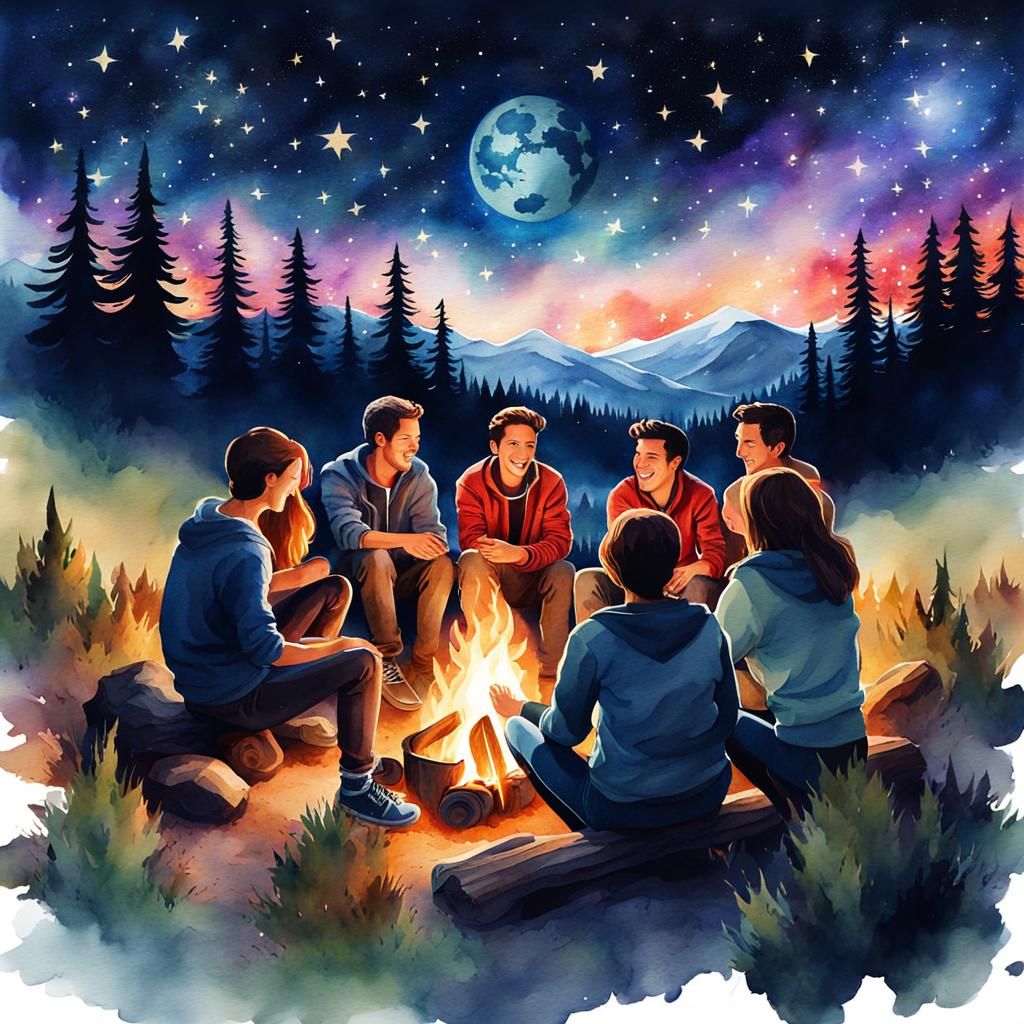 Campfire Friends Under Starry Sky: Watercolor Illustration