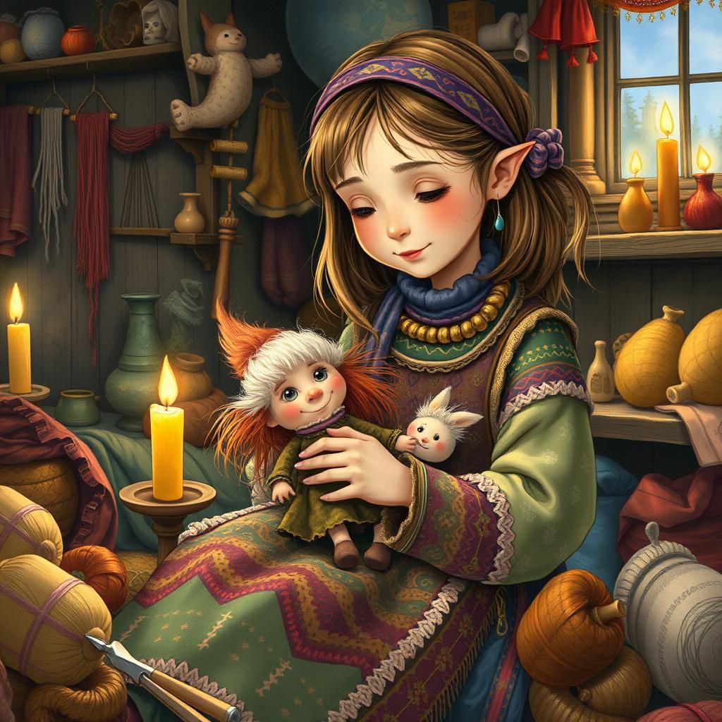 Girl Sewing Troll Doll, Children's Book Illustration