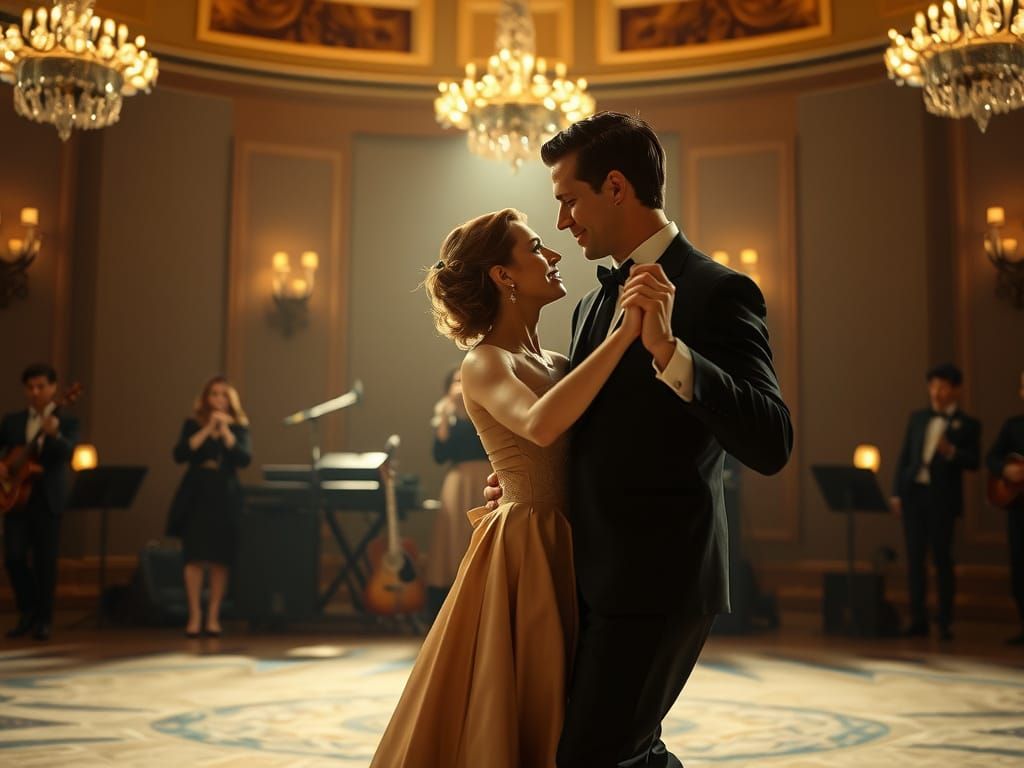 Elegant Couple Dancing in Dimly Lit Ballroom