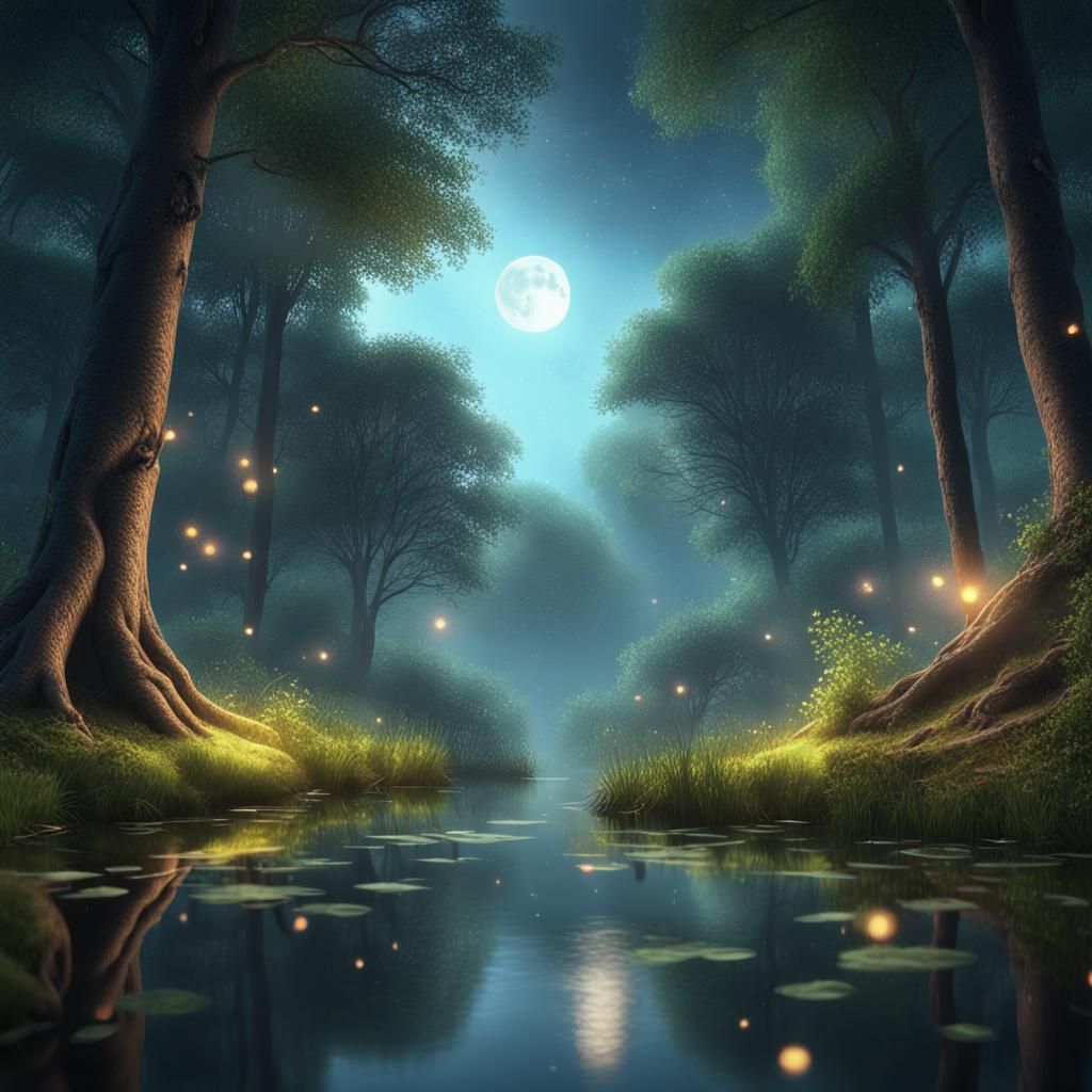 Moonlit Forest Glade with Fireflies in Hyperrealistic Style