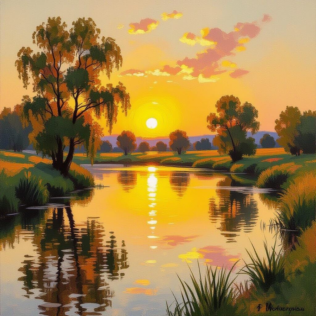 Golden Landscape in Impressionist Style at Golden Hour