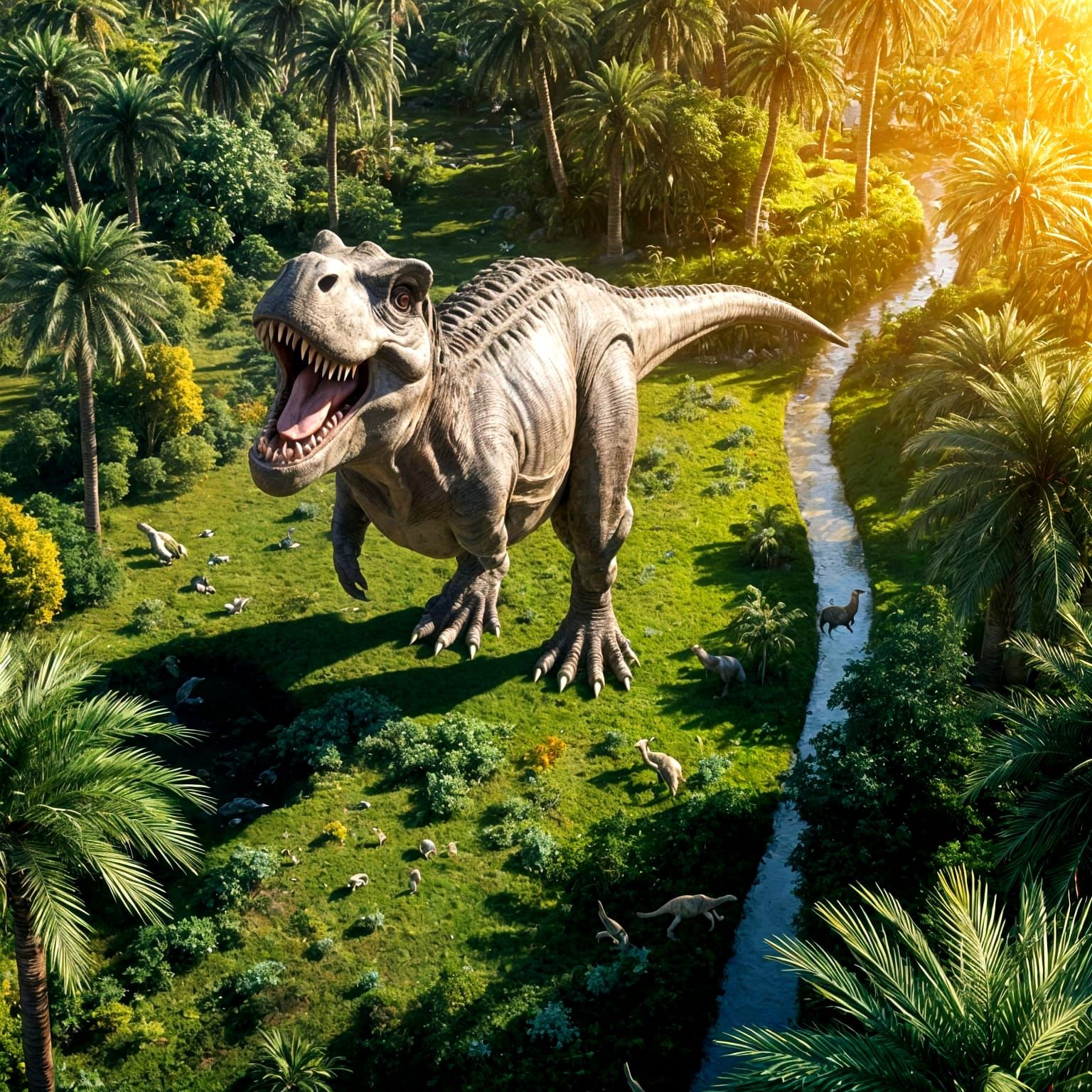 Tyrannosaurus Rex Roaring in Lush Jurassic Landscape