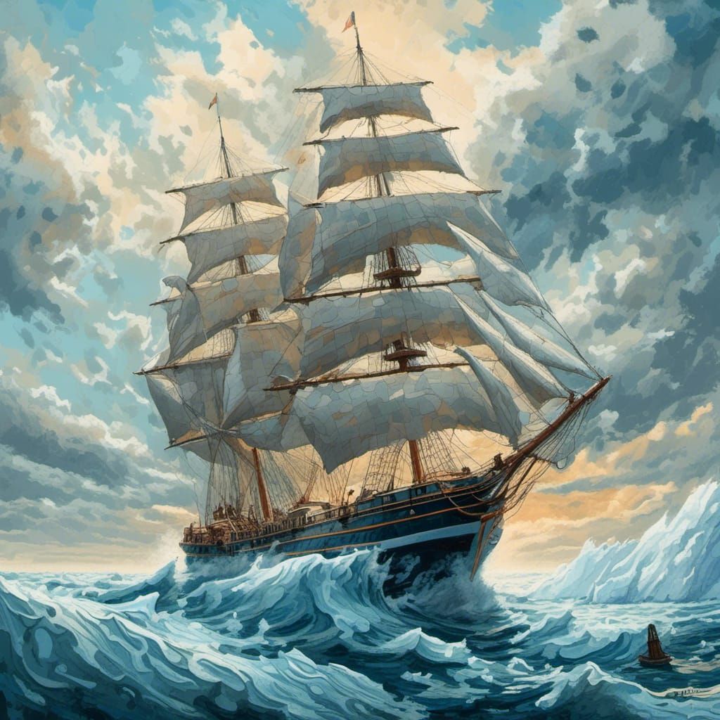 Sailing Ship in Icy Waters: Gouache Impressionist Art