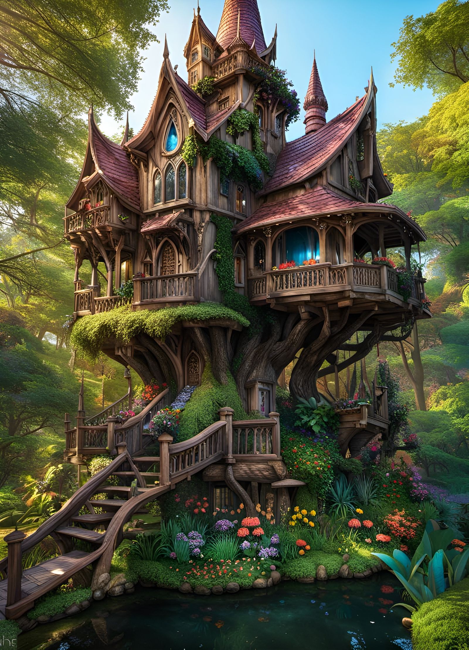Bioluminescent Gothic Treehouse Palace by Waterfall