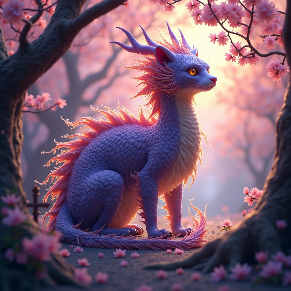 Dragon-Cat Hybrid in Cherry Blossom Forest, Dark Fantasy Art