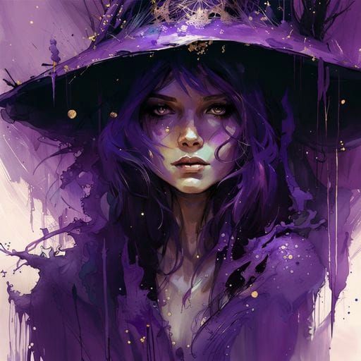 Purple Witch Portrait in Detailed Watercolor Style