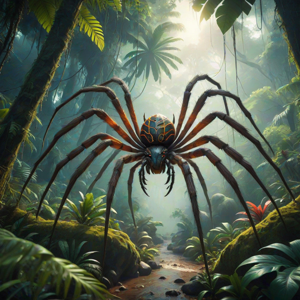 Epic Tropical Forest Spider in Maximalist Digital Art