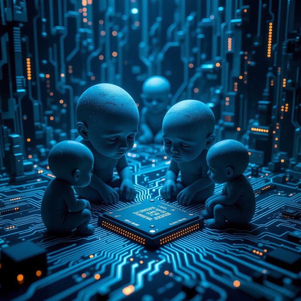 Microscopic Beings in Computer Chip World, Surreal Style