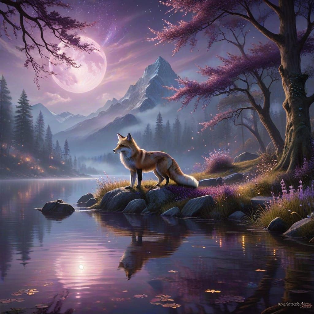 Purple Nine-Tailed Fox Under Full Moon in Mystical Lake Scen...