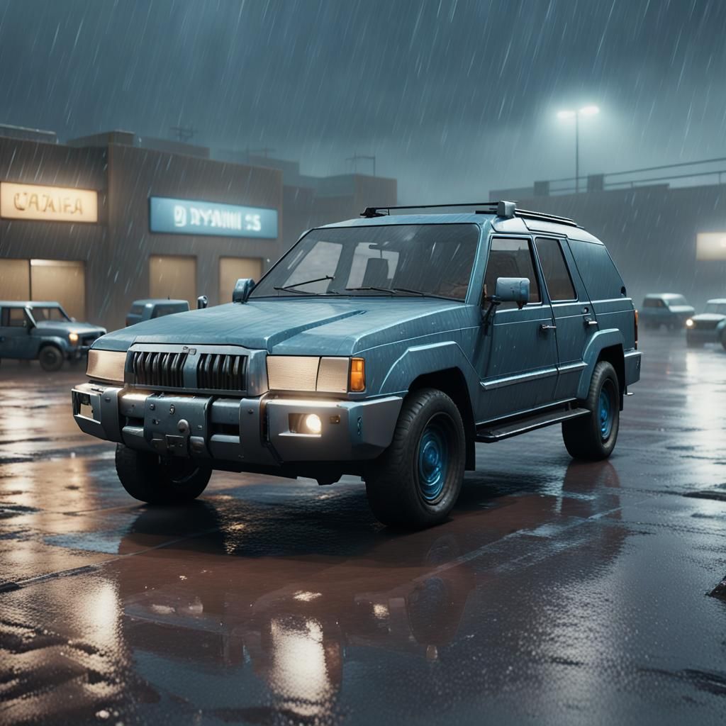 Blue Sedan in Rainy Parking Lot: 3D Game Render