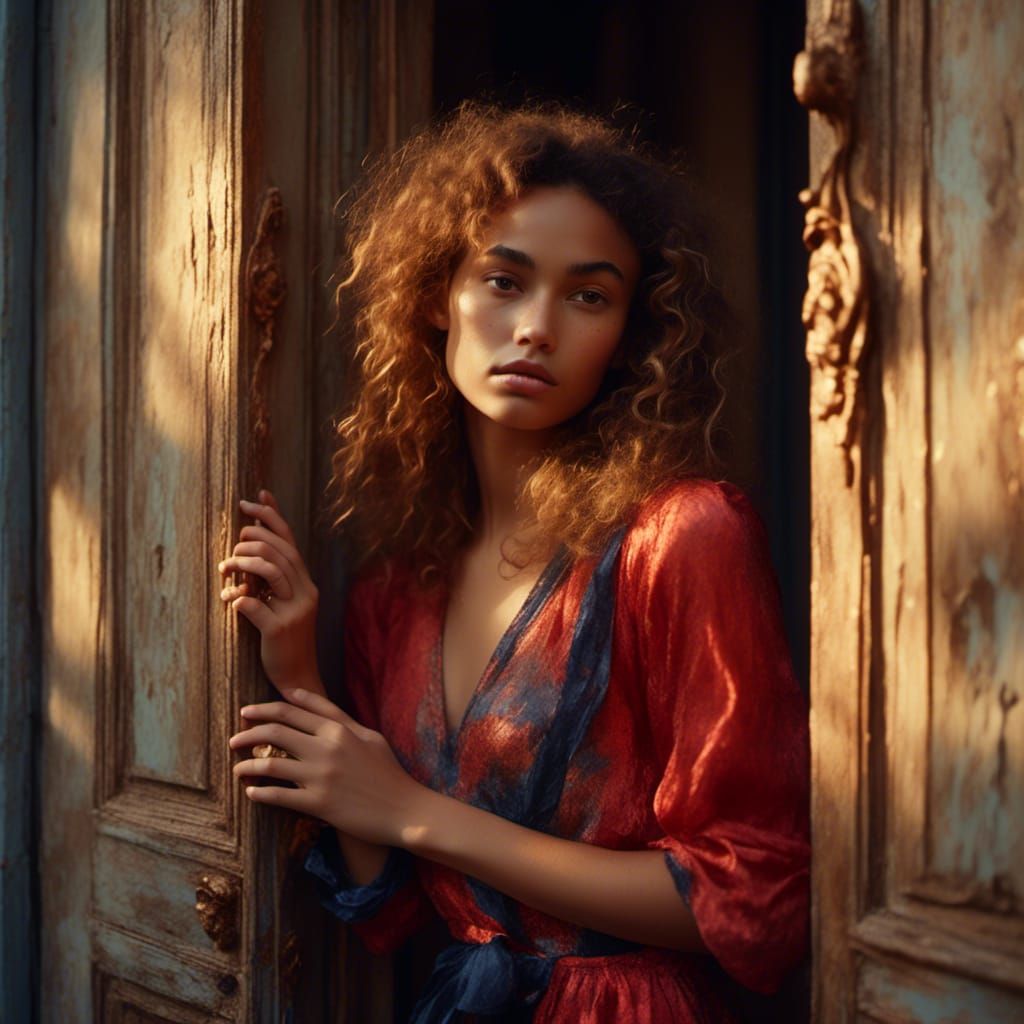 Woman Leaning: Soft Natural Lighting in Analog Style