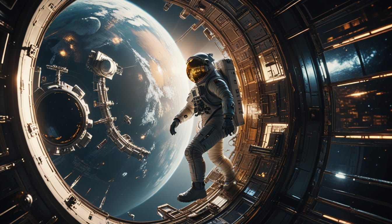 Astronaut Spacewalk Outside Retro-Futuristic Space Station