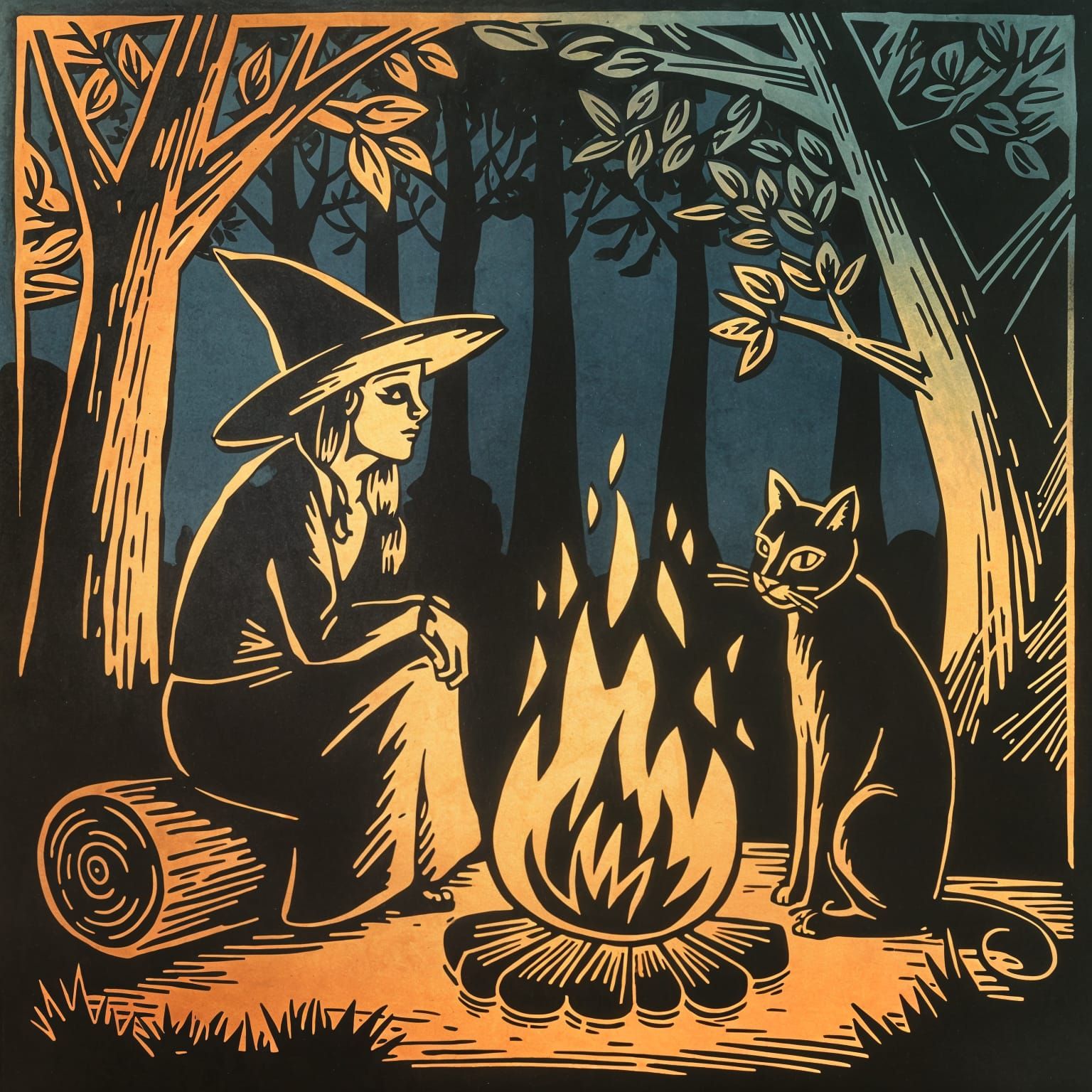 Art Deco Witch and Cat by Campfire, Woodcut Print