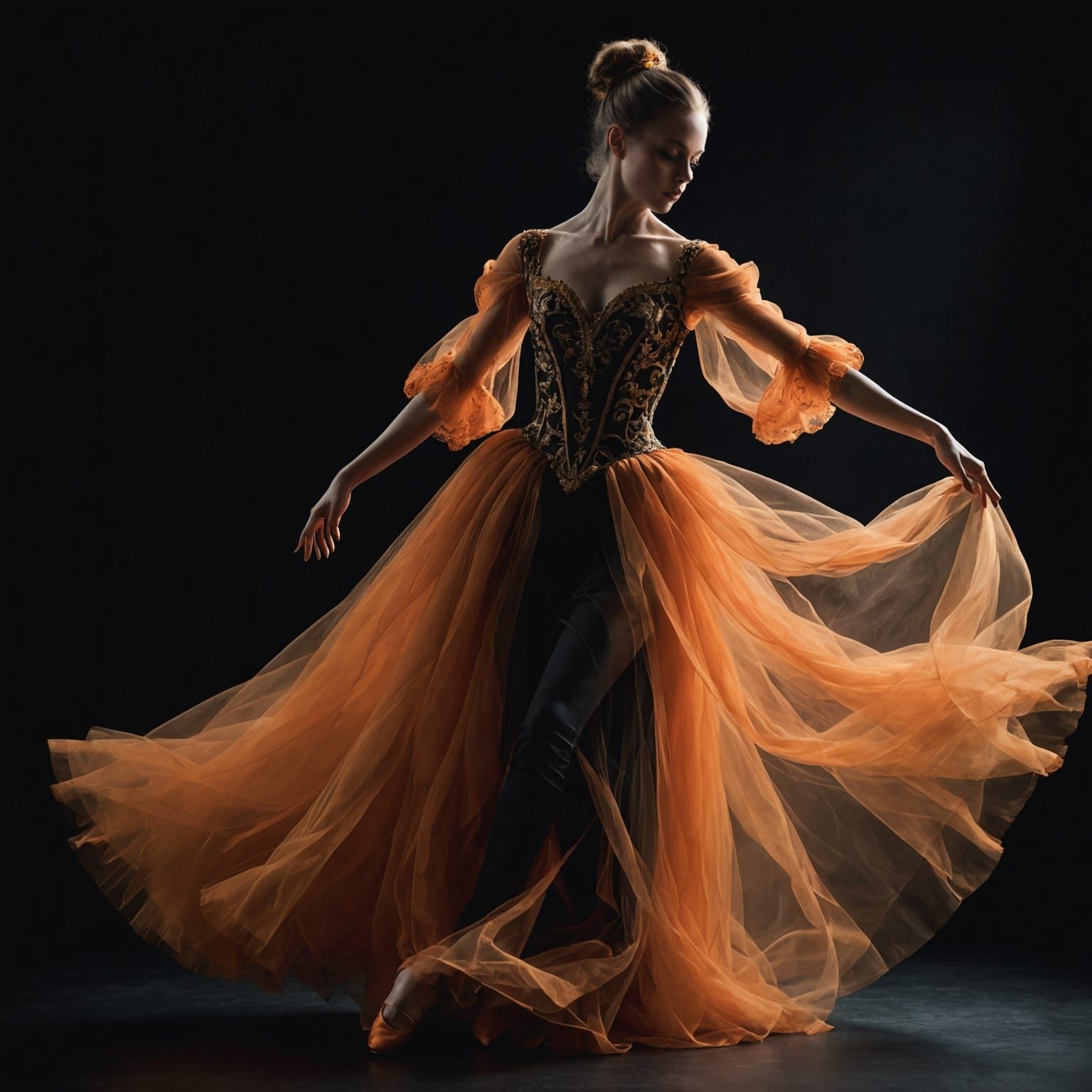 Baroque Dancer in Orange Tulle, Chiaroscuro Portrait