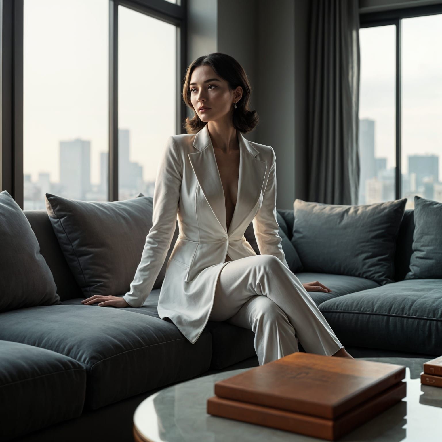 Elegant Woman in White Coat: Ultra-Realistic Digital Art