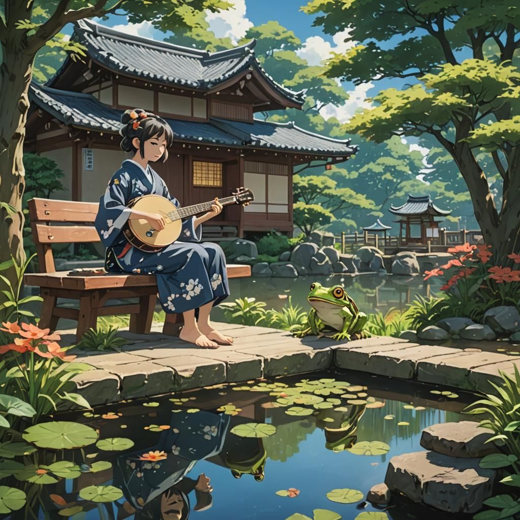 Kimono-Clad Woman Plays Banjo: Studio Ghibli Style