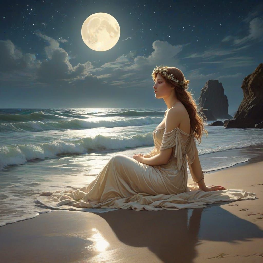 Moonlit Beach Scene in Art Nouveau Style