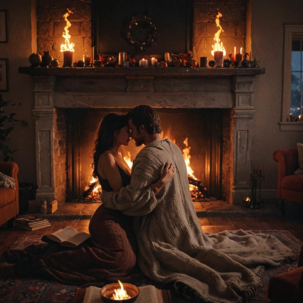 Passionate Dance in Flames: Cozy Living Room Scene