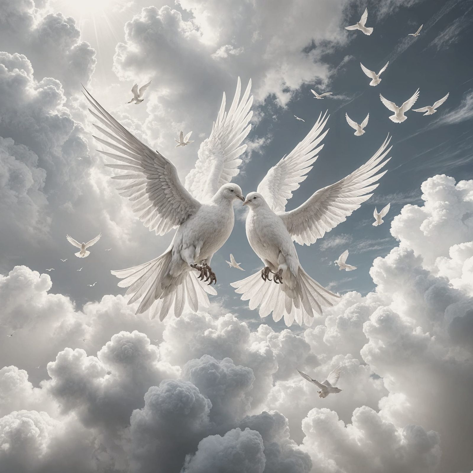 Monochrome Doves Soaring in White Sky