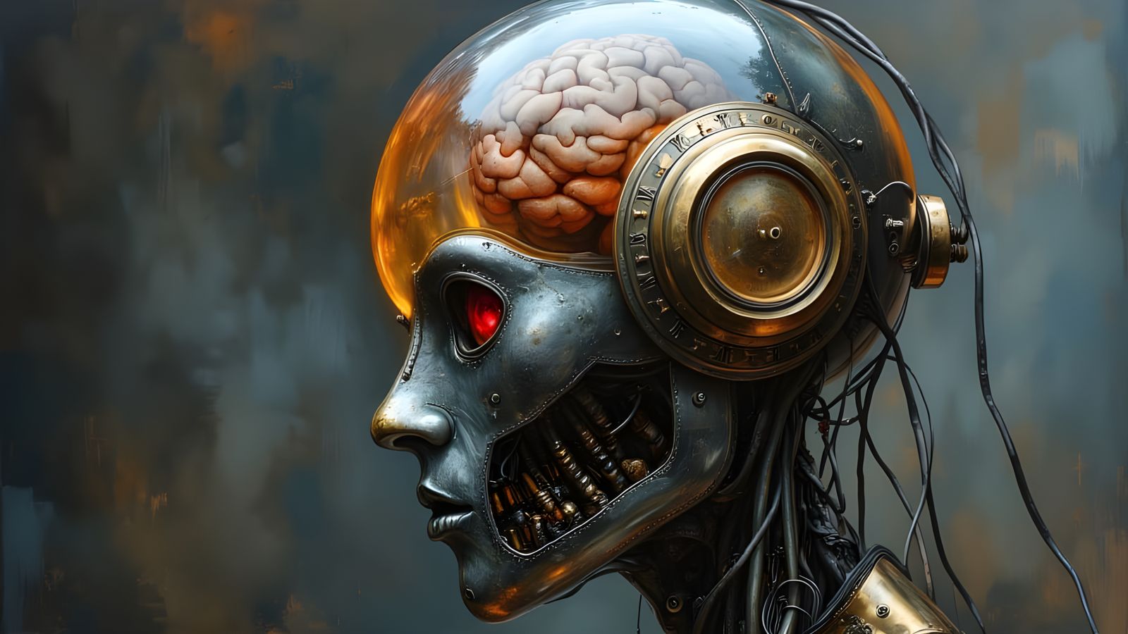Dark Oil Painting of a Steampunk Robot with Human Brain