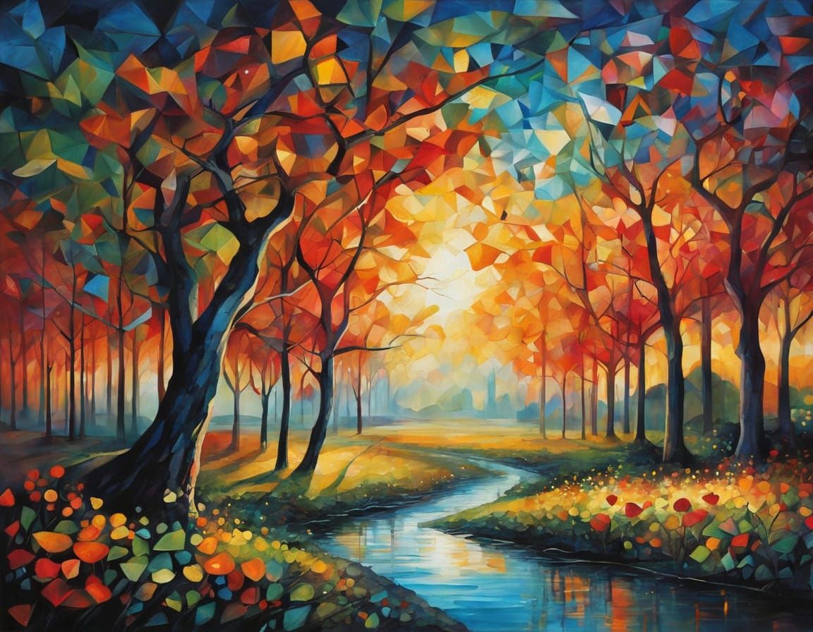 Whimsical Surreal Landscape with Intricate Cubist Details