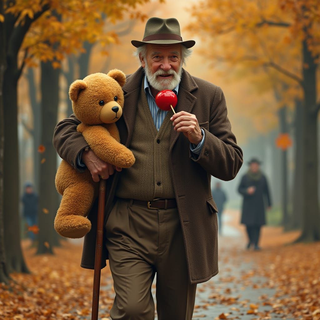 Hyperrealistic Old Man with Teddy Bear in Autumn