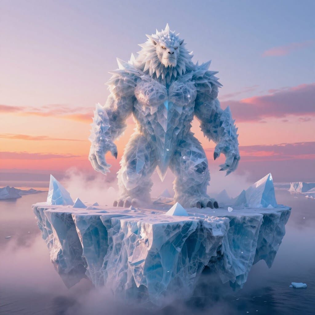 Colossal Ice Monster on Floating Iceberg at Sunrise