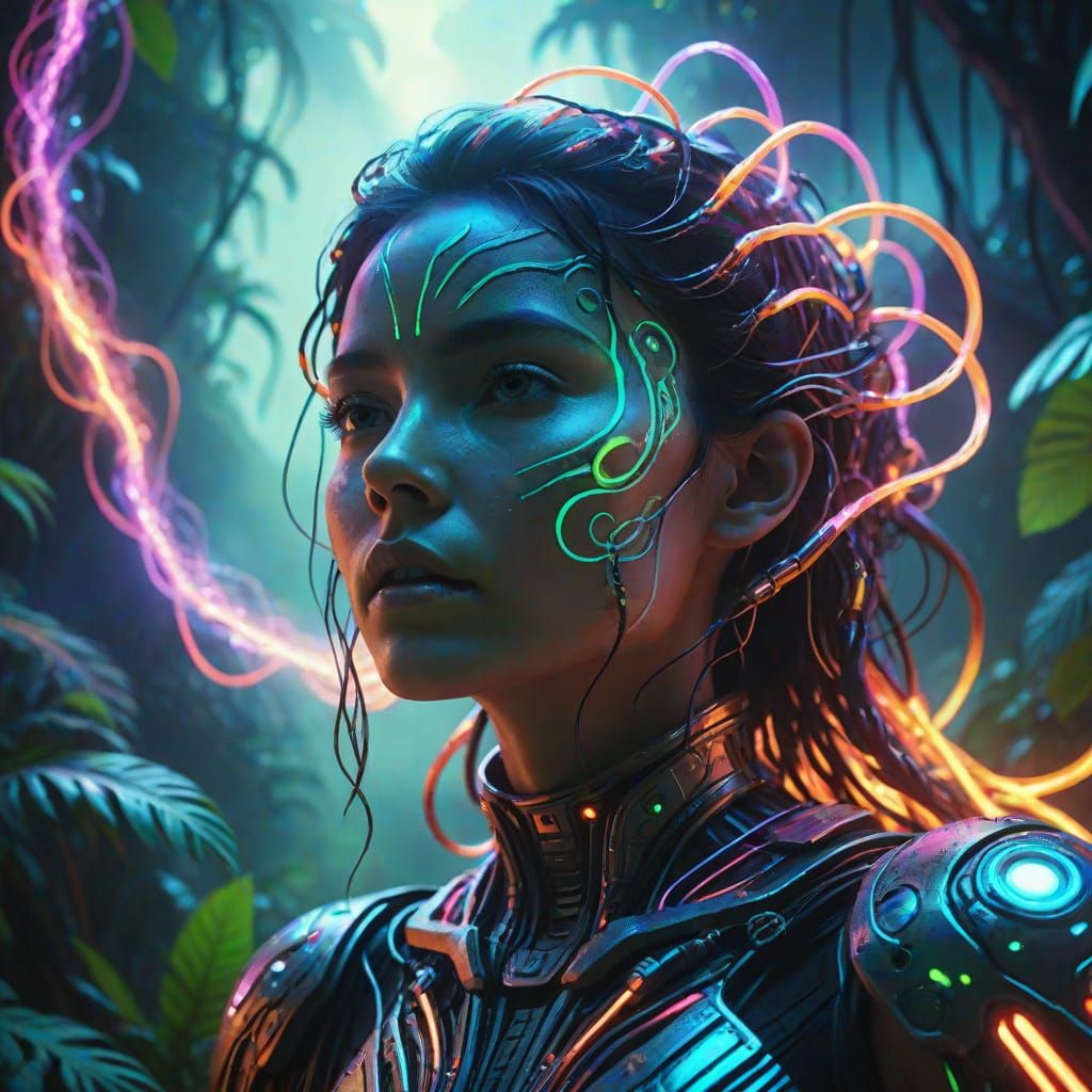Electromagnetic Plasma Woman in Sci-Fi Jungle