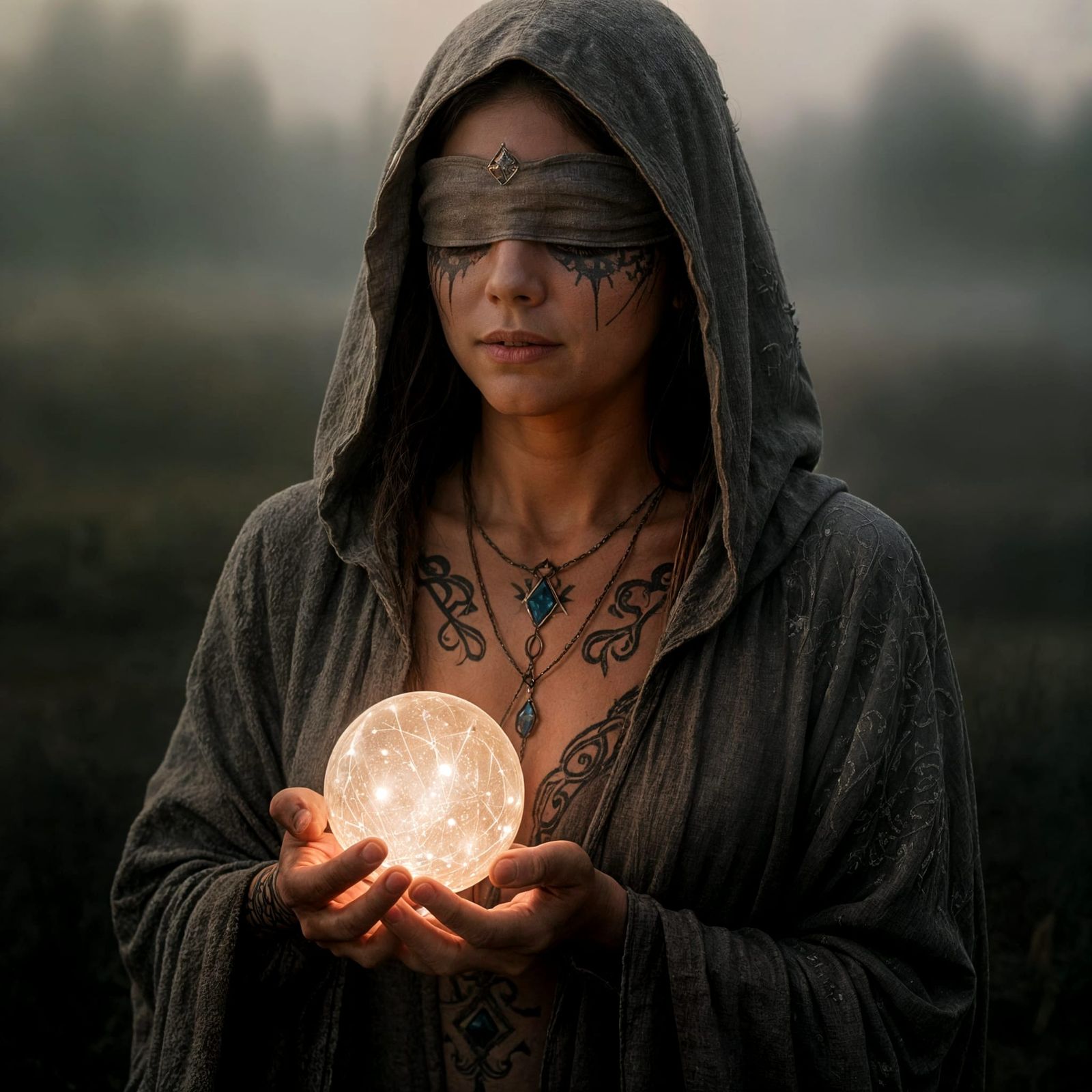 Mystic Woman with Glowing Orb in Misty Field