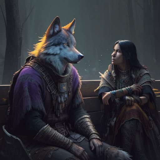 Native American Woman and Wolf Howling at Moon