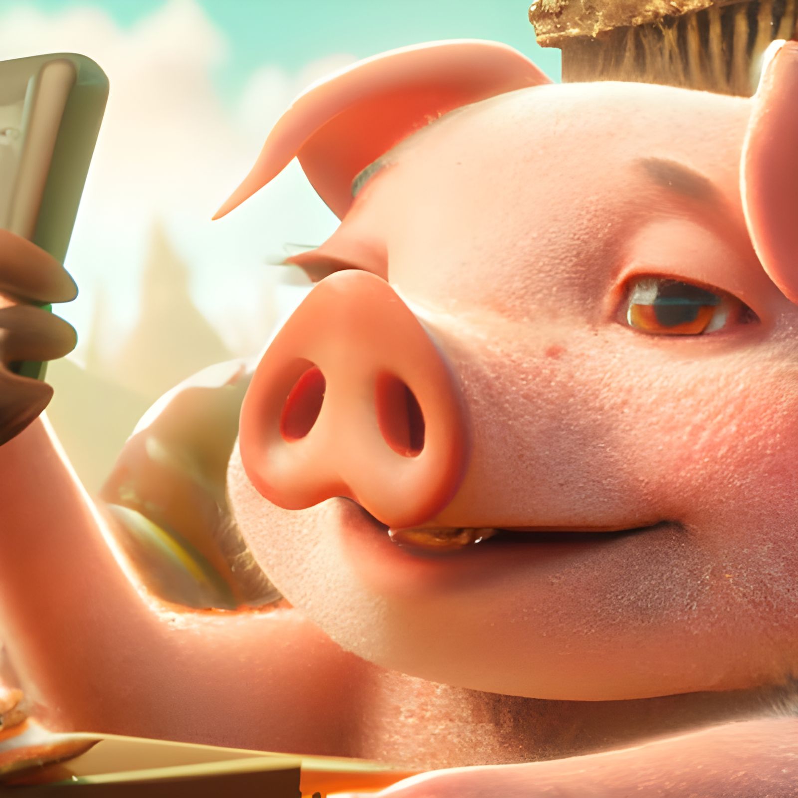 Adorable Pig Selfie in 3D, Detailed Matte Painting