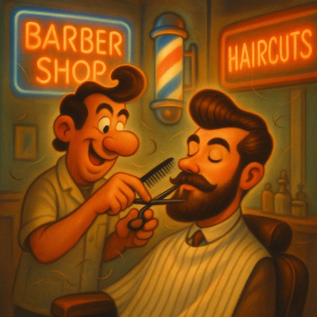 Vintage Barbershop Scene in 1970s Cartoon Style