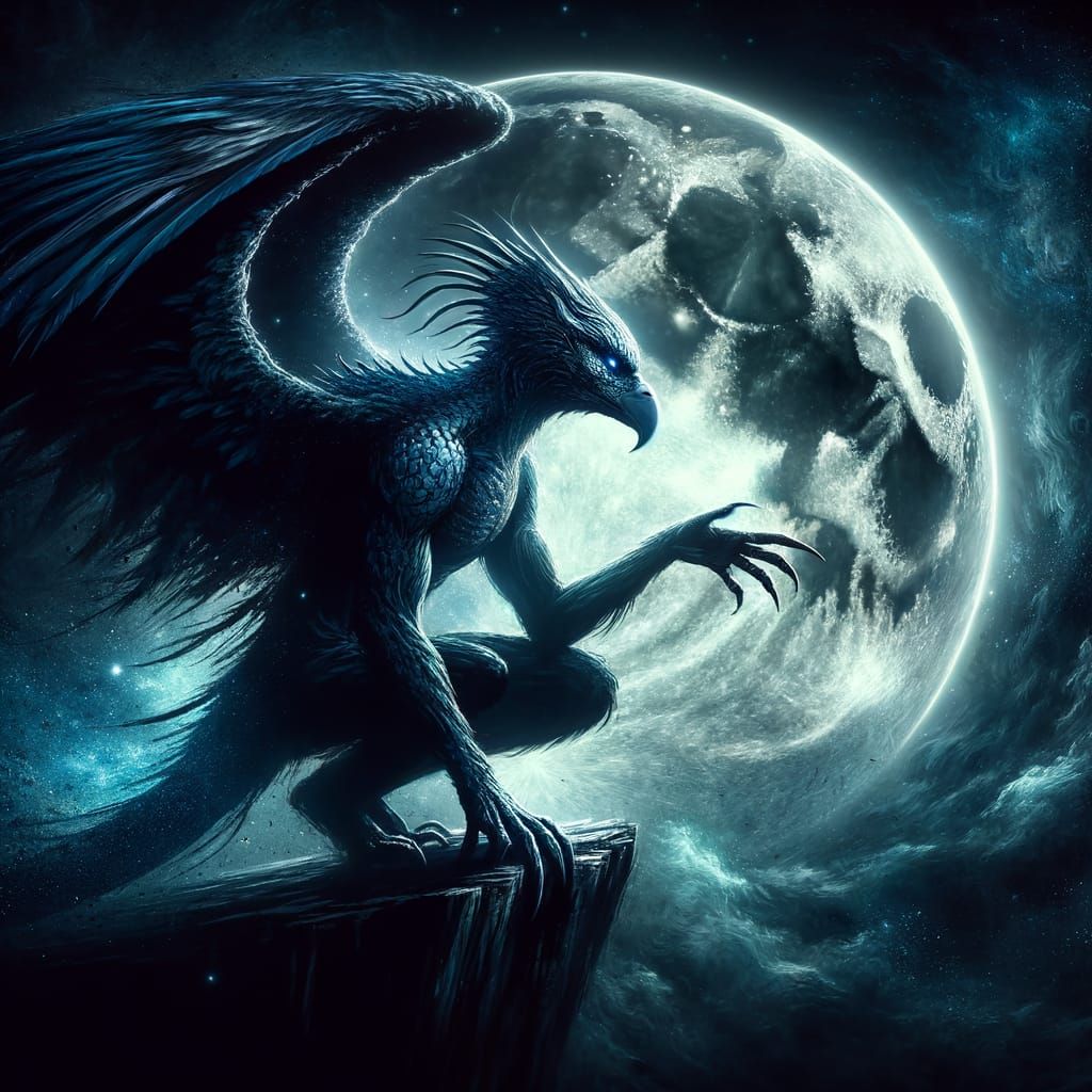 Hawk-Headed Reptilian Humanoid in Dark Fantasy Scene