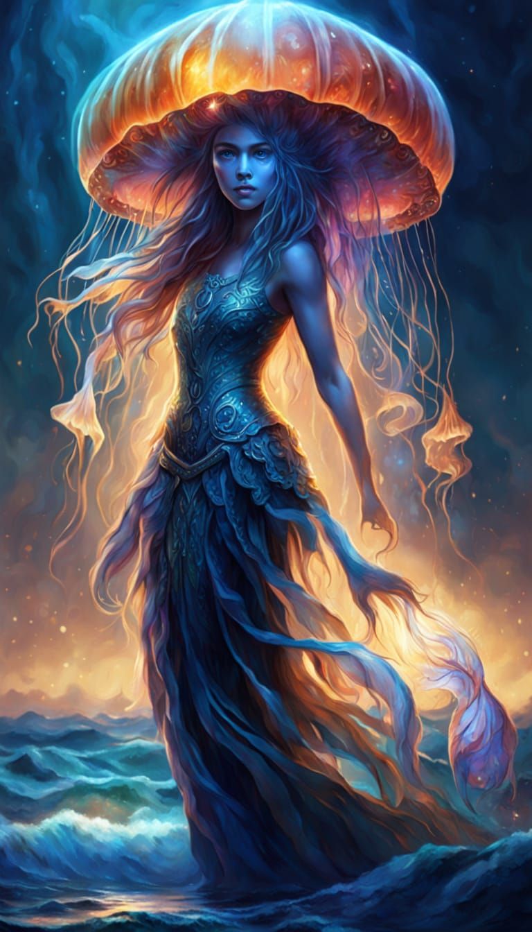 Mystical Jellyfish Guides Mermaid: Vibrant Oil Painting