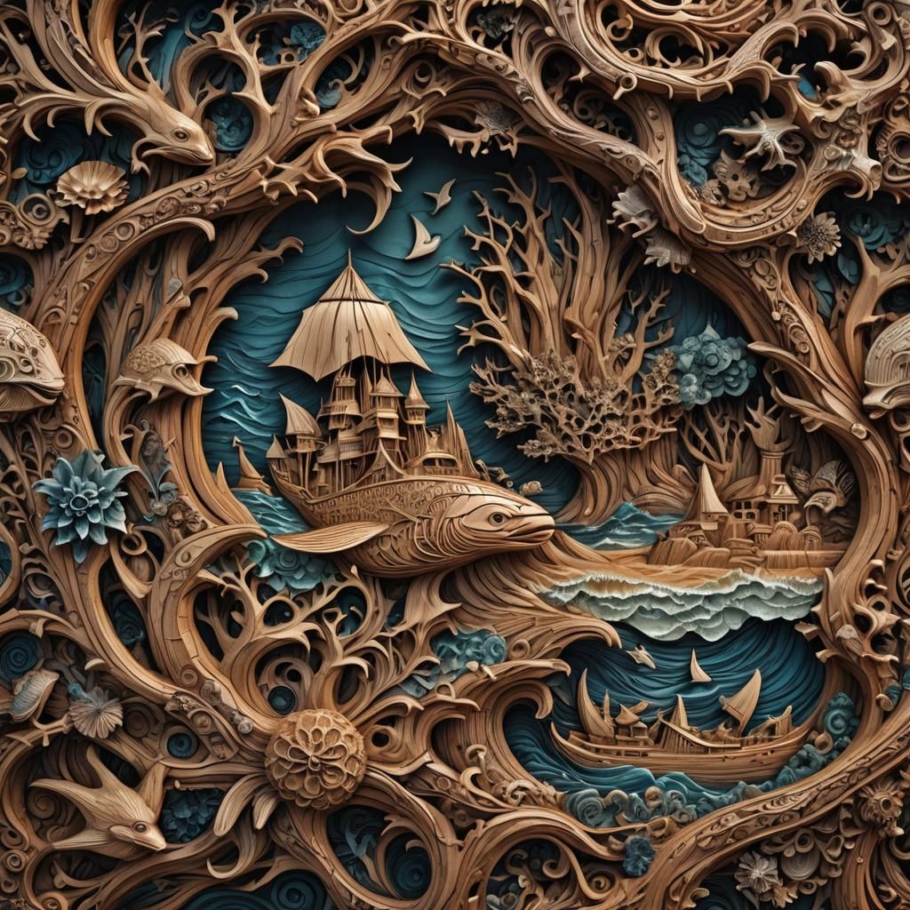 Hyperrealistic Ocean Wood Carving in High Definition