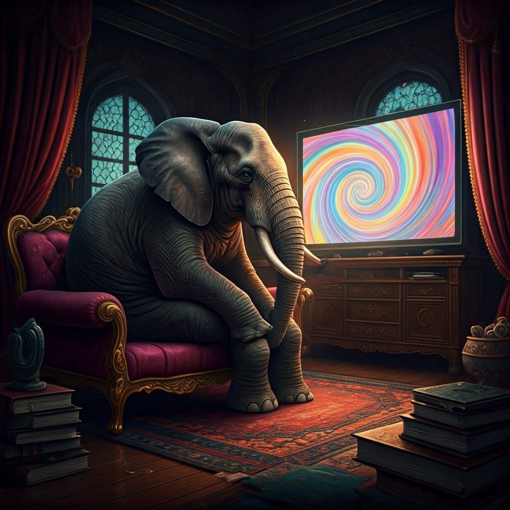 Elephant Watches TV in Mystical Living Room