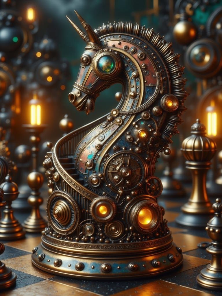 Grand Steampunk Chess Piece with Intricate Mechanisms and In...