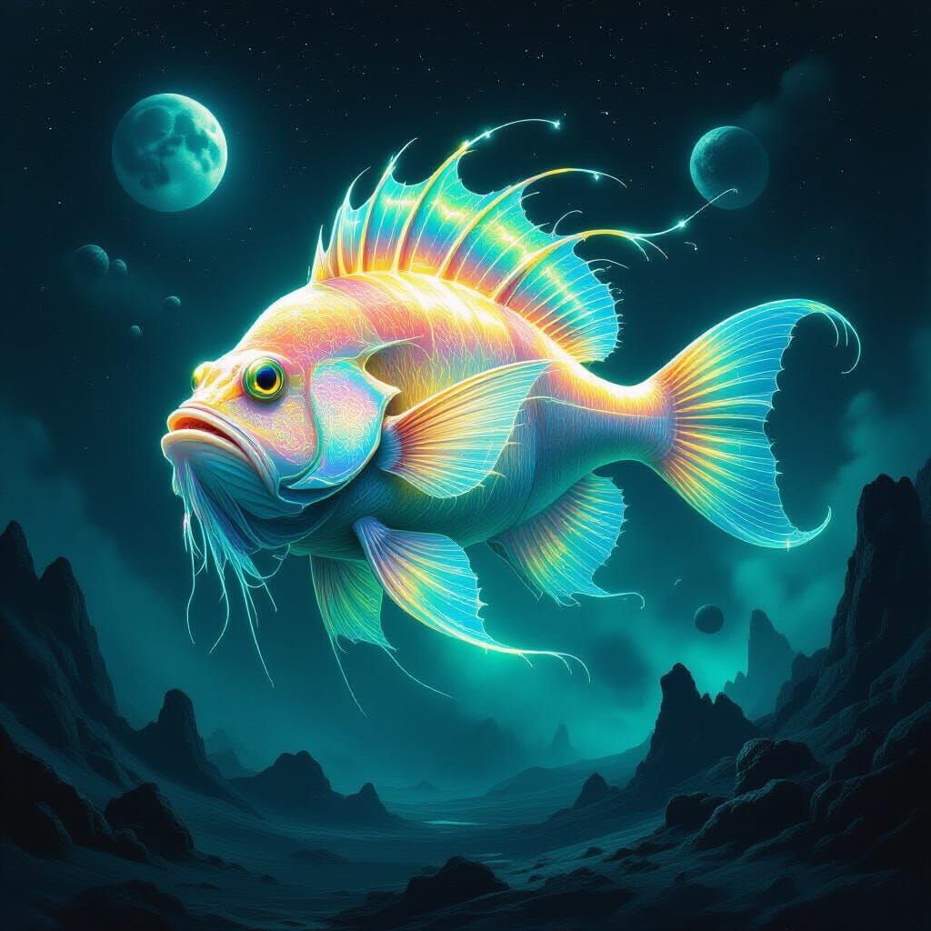 Bioluminescent Anglerfish Drifting in Titan Methane Ocean