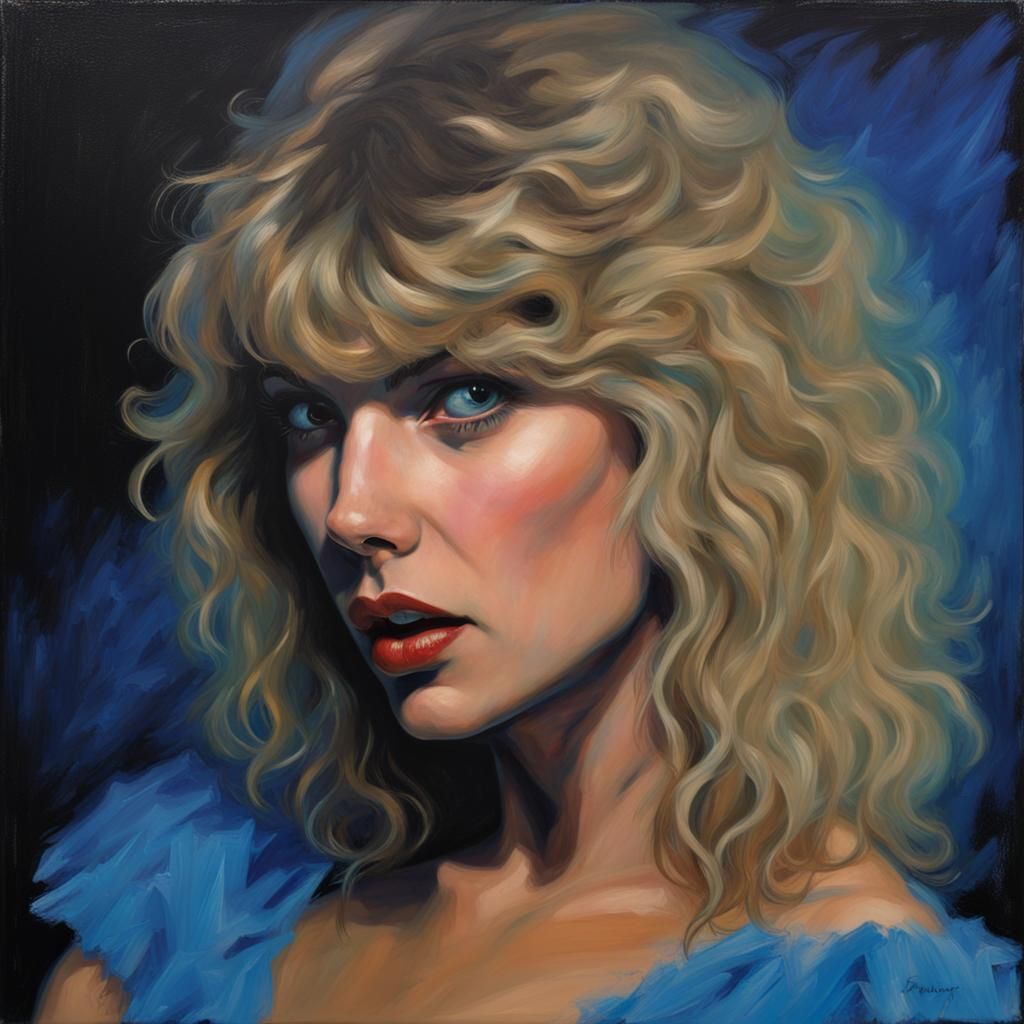 80's album cover, Taylor Swift with shaggy blonde hair, dark...