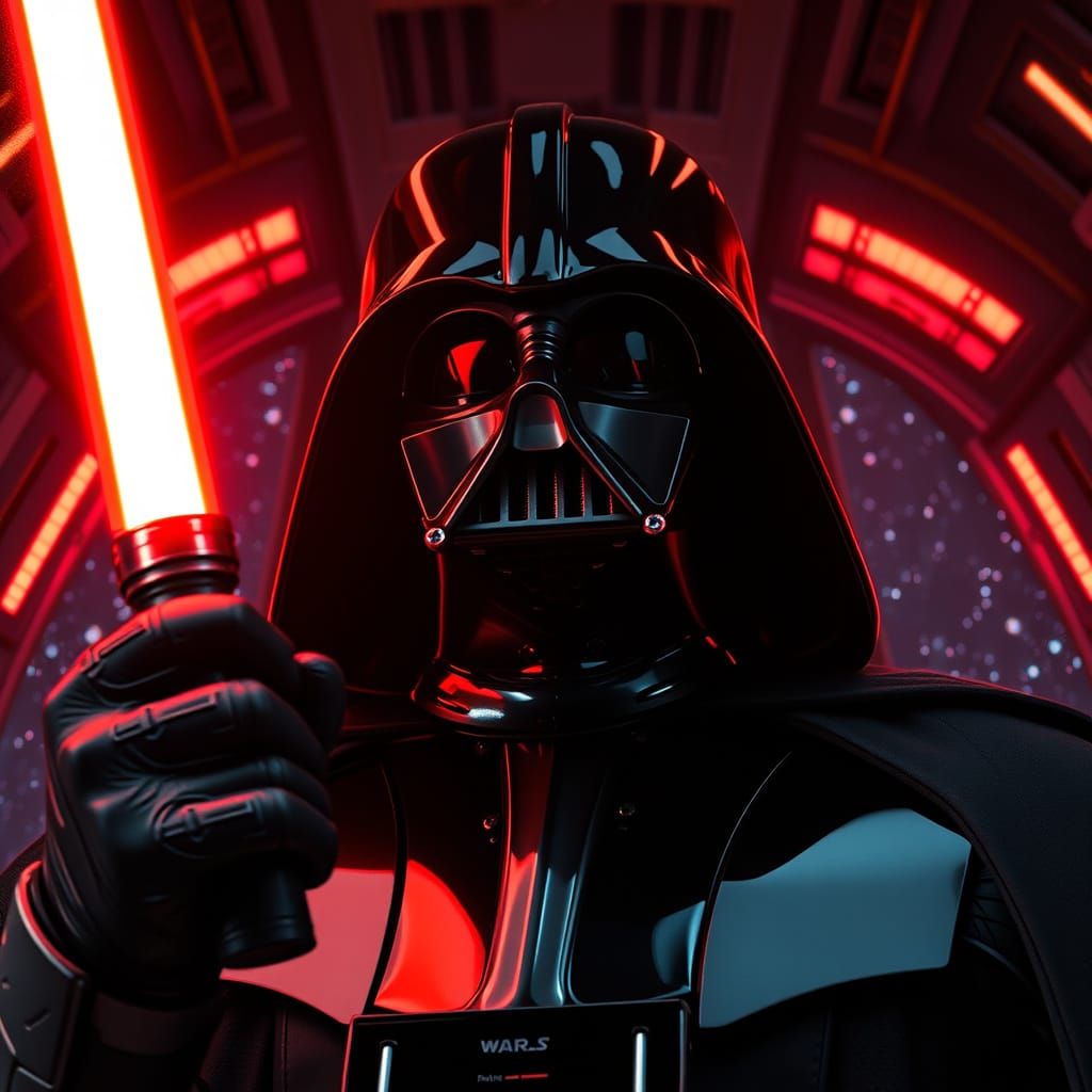 Darth Vader in Battle-Ready Stance, Red Lightsaber Ablaze in...