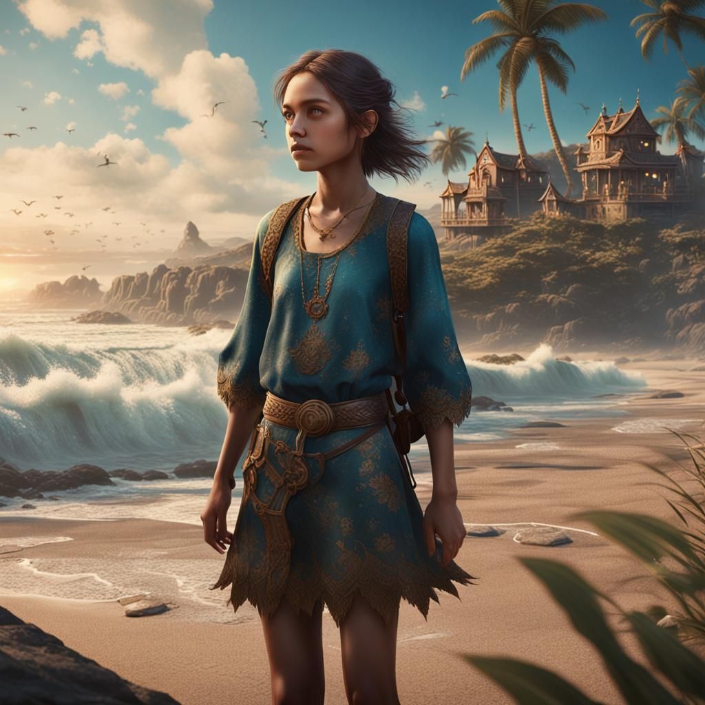 Girl at Beach: Detailed Matte Painting in 8K