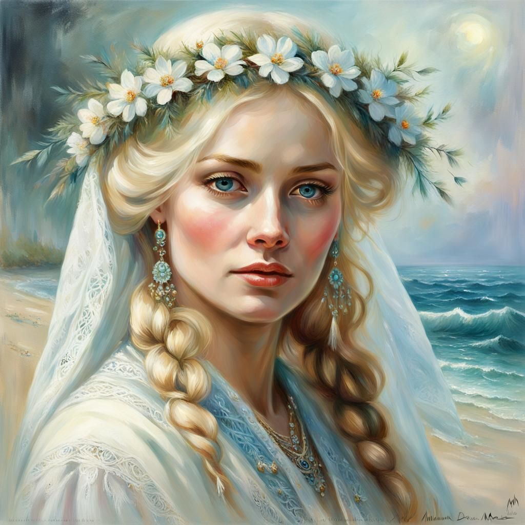 Ethereal Russian Beauty in Slavic Dress: Portrait Art