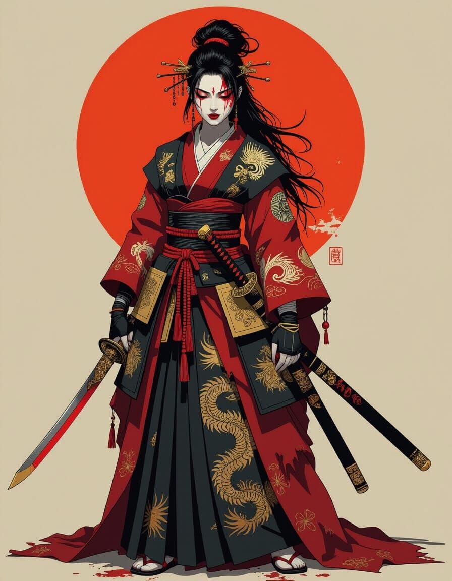 Samurai in Torn Kimono with Dragon Katana